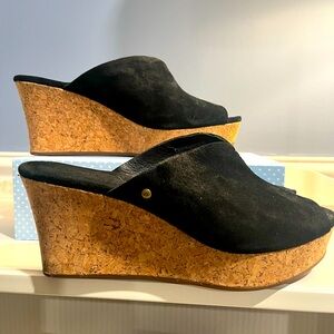 UGG Dominique slide wedge sandal. Black suede cork heel, peep toe.